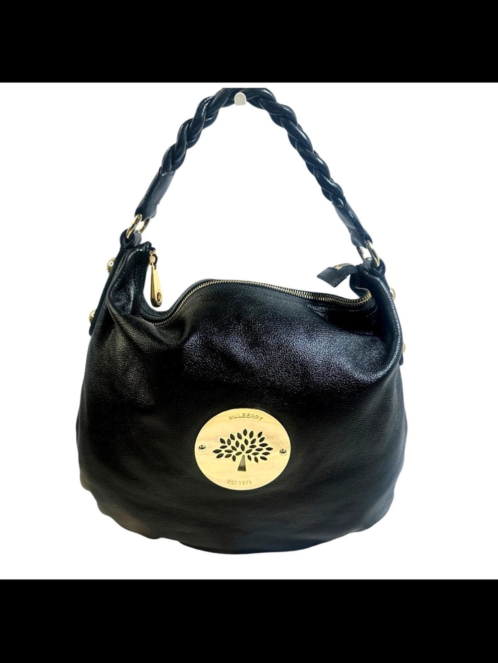Mulberry Black Leather Shoulder Bag with Gold Tree Plaque